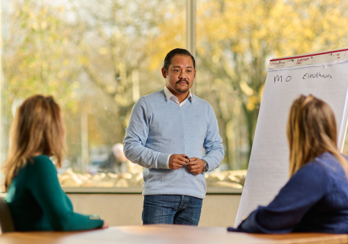 Drie collega's in overleg met flip-over