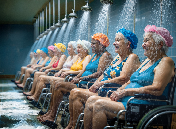 Foto uit expo met toekomstbeeld van douchende dames in rolstoelen op een rij
