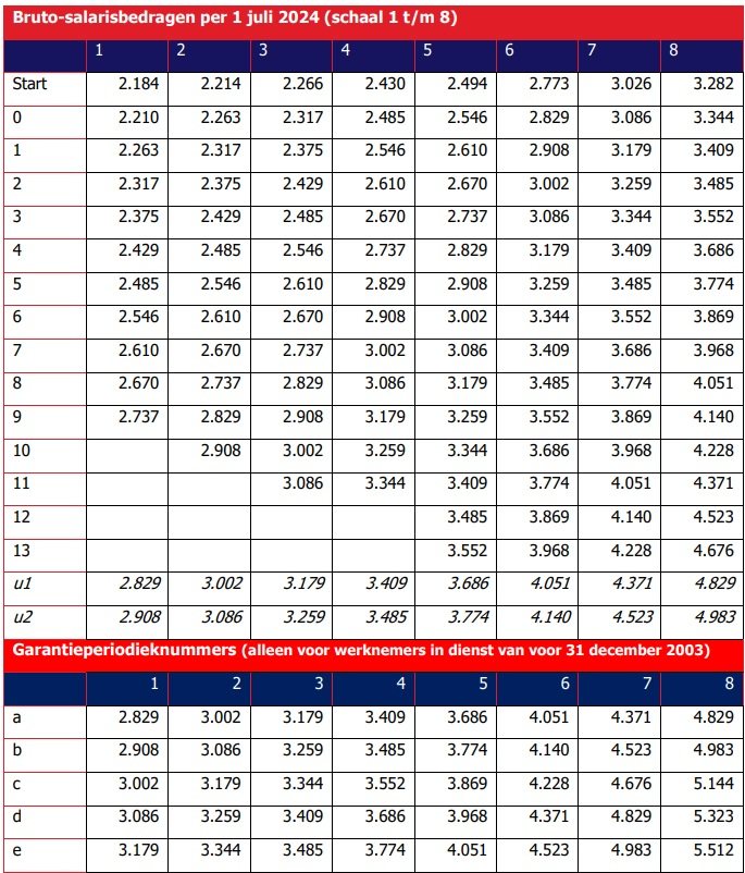 Bruto-salarisbedragen per 1 juli 2024 (schaal 1 t/m 8)