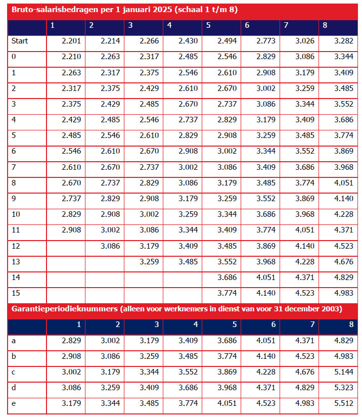 Bruto-salarisbedragen per 1 januari 2025 (schaal 1 t/m 8)